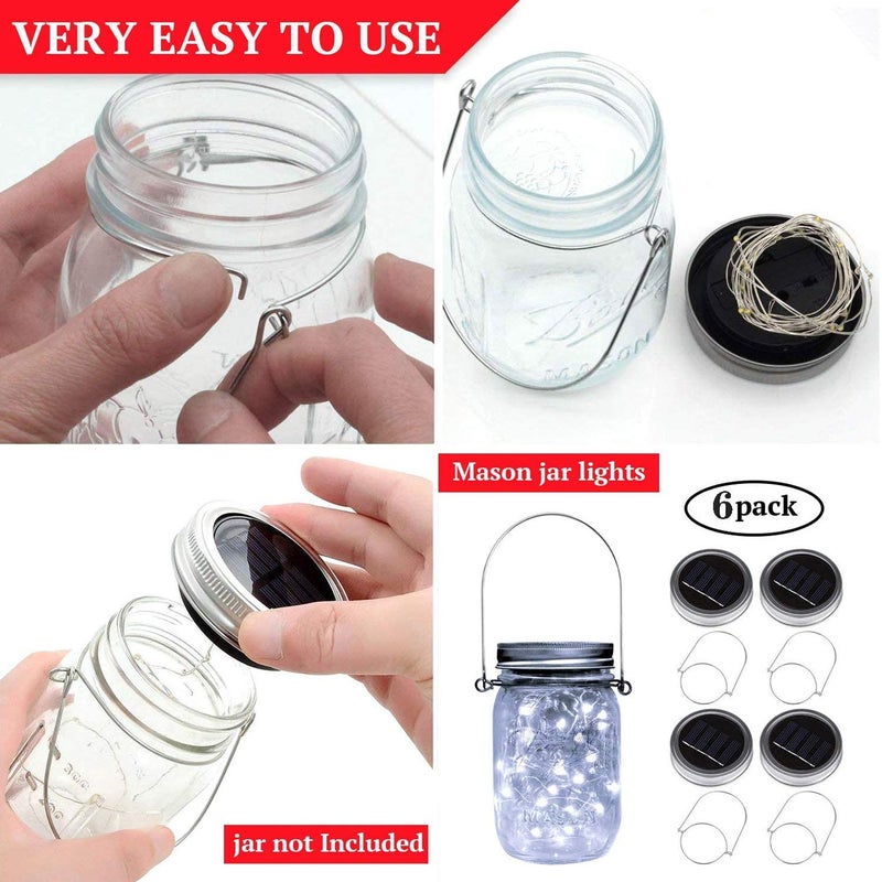 VOOKRY 6 Pack Solar Mason Jar Lights, 30 LED Mason Jar Lids Waterproof Firefly Fairy String Lights with 6 Hangers(No Jars), for Outdoor Patio Garden Yard Lawn Party Wedding Decoration - Cool White - Image 5